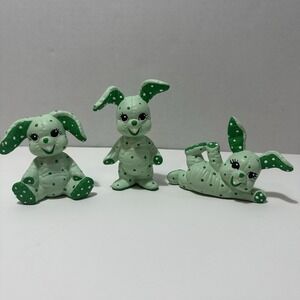 3 pc Ceramic Bunny‎ Rabbit Figurines Big Eyed Ears Stuffed Stitched Hand Painted